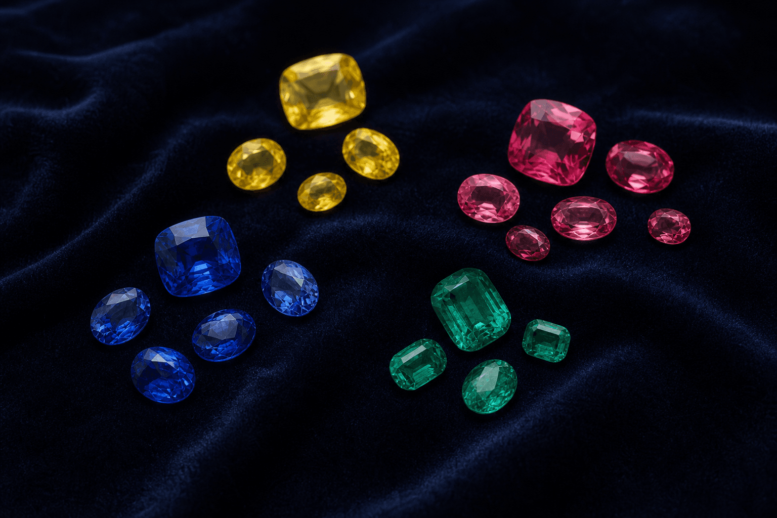Loose coloured gemstones on dark velvet